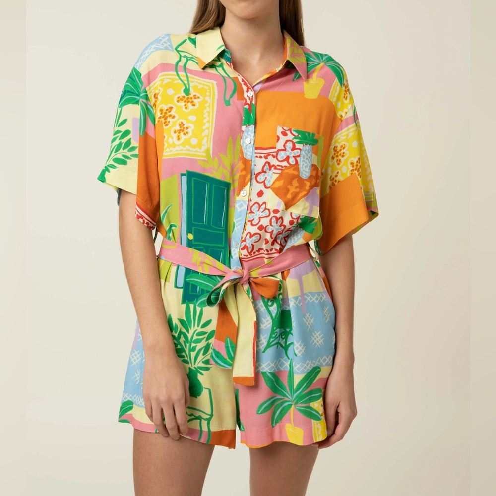 FRNCH Multicolor Tropical Print Short-Sleeve Jumpsuit Romper